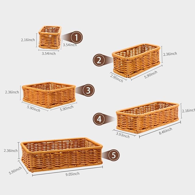 Drawer Organizers- Plastic Rattan Storage Trays for Bedroom, Bathroom, Kitchen, Office, Handwoven organizer, Waterproof and Easy Clean, 1 Set, Caramel Color