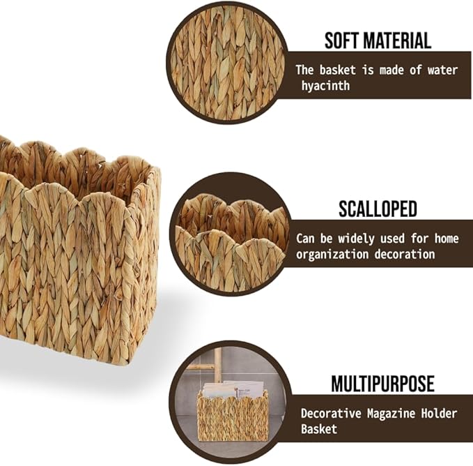 Water Hyacinth Magazine Holder for Floor, Wicker Magazine Basket, Tall Narrow Magazine Rack & File Holder for Books, Mail & Newspapers, Scalloped Storage Basket for Living Room, Office, Bedroom