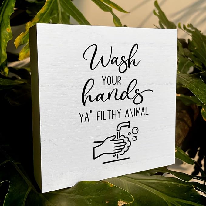 Funny Rustic Bathroom Decor Wooden Box Sign 5x5 Inch - "WASH YOUR HANDS YA' FILTHY ANIMAL" Humorous Restroom Shelf Table Decoration for Home