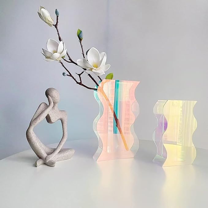 Smartmak Iridescent Acrylic Vase, Rainbow Colored Clear Modern Design Vases Home Décor, Colorful Wedding Decorations, for Artificial Flower, Office, Tabletop, Make Up Brushes Organizer Holder- L