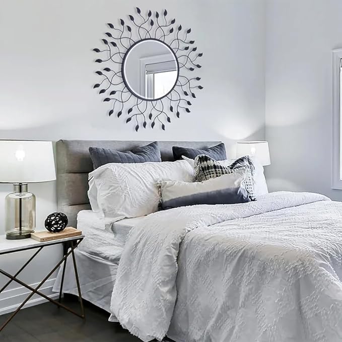 Chende 32" Wall Decorative Mirror with Metal Leaves, Black Living Room Mirror with Beveled Edge, Glam Mirror for Bedroom, Foyer, Entrance