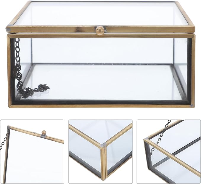 Totority Vintage Glass Jewelry Box with Alloy Frame, Retro Trinket Organizer for Perfume and Makeup Storage, Dustproof Display Case for Home Vanity and Desktop