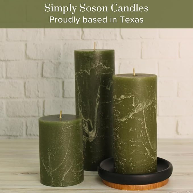 Simply Soson 3x4, 3x6, 3x8 inch Dark Moss Green Pillar Candles, Set of 3 Pillar Candles, Rustic Texture, Unscented Green Candles Dripless Candles Ideal as Wedding Parties Spa Dinner Home Decor Church