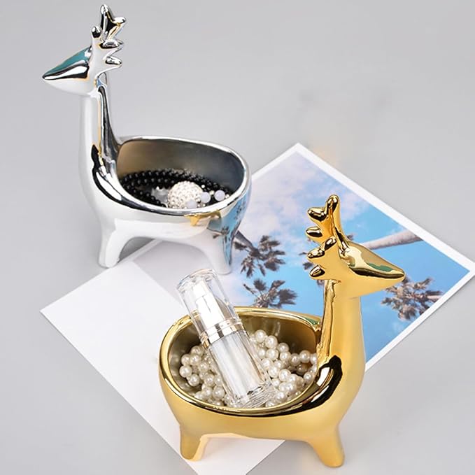 Deer Shaped Ceramic Jewelry Storage Box with Lid, Small Multipurpose Cosmetics and Sundries Organizer for Desktop Home Décor, Gold Decorative Container for Makeup and Accessories