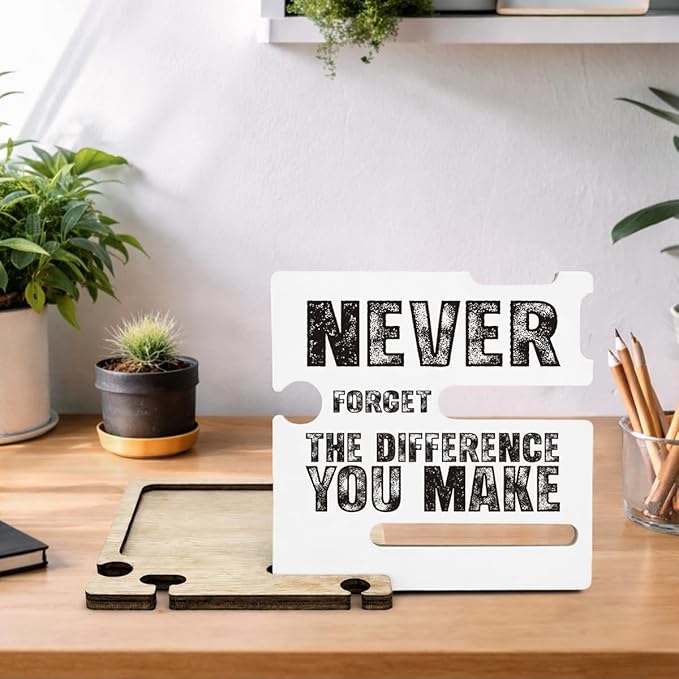 Inspirational Retirement Gifts for Coworker Boss Leader - Multi-functional Desk Organizer - Motivational Office Quote Wooden Sign for Office Desk Shelf Decor