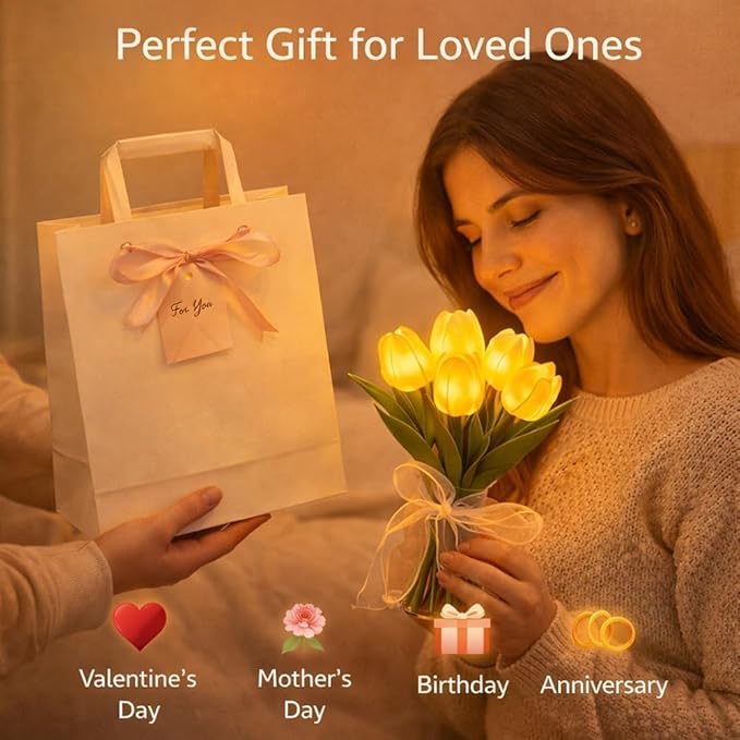Radiant Romantic Tulip Light with a Vase, 15 PCS Twinkling Tree Tulips Led Night Light that Never Fade, Flower Shaped Ambient Night Lamp for Bedroom Bedside Decor & Gift (White(with Vase))
