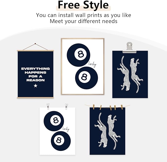 Tocliky Navy Blue Leopard Wall Art Decor Cheetah Print Room Poster Trendy Preppy Canvas Wall Art Funky Aesthetic Room Decor 8 Ball Lucky Poster Y2k Stylish Artwork for Bedroom 12x16x3 Inch Unframed