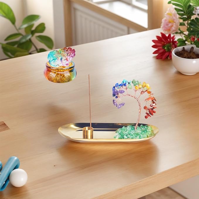 Feng Shui Crystal Tree Incense Burner Holder, Lucky Pi Xiu Treasure Basin, Healing Crystals Tree of Life Incense Tray Money Ideal Adornment for Attracting Wealth, Yoga Meditation Decor - Colorful
