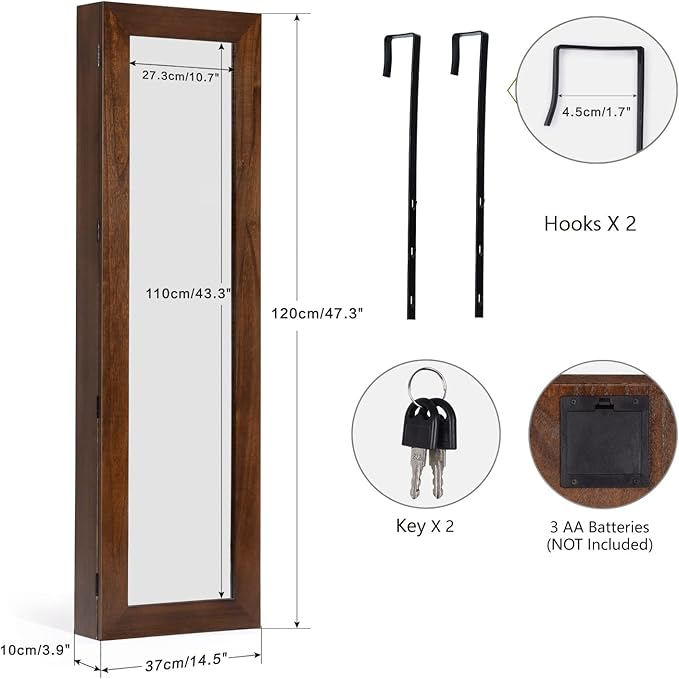 SRIWATANA Jewelry Organizer, Wall/Door Mounted Jewelry Armoire Cabinet with Mirror, Solid Wood(Dark Brown)