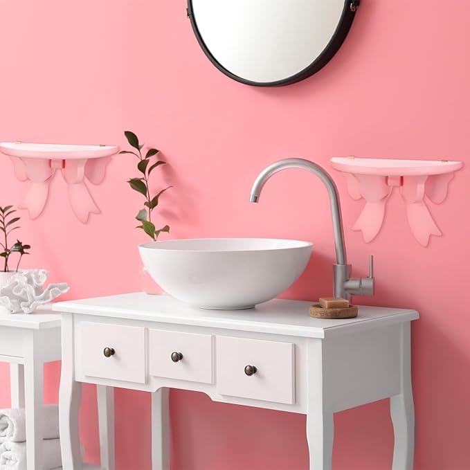 Pinkunn 2 Pcs Bow Floating Shelves Kawaii Shelf Book Stand Farmhouse Rustic Corner Wall Shelf Wooden Bow Tie Rack Princess Room Decor for Nursery Home Bedroom Office Wall Decor(Pink)