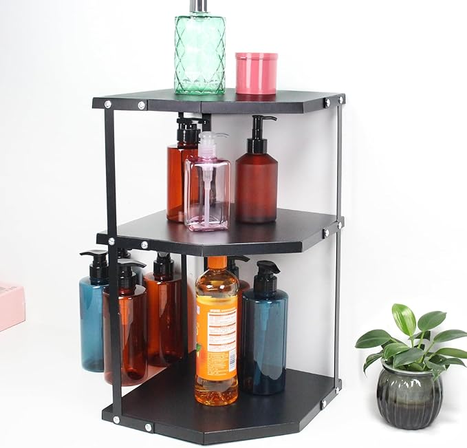 HUIJIN Black,3-Tier Kitchen Corner Rack,Shelves Corner Shelf Stand Holder,Multipurpose Triangular Storage Shelf Organizer,Corner Pot Rack