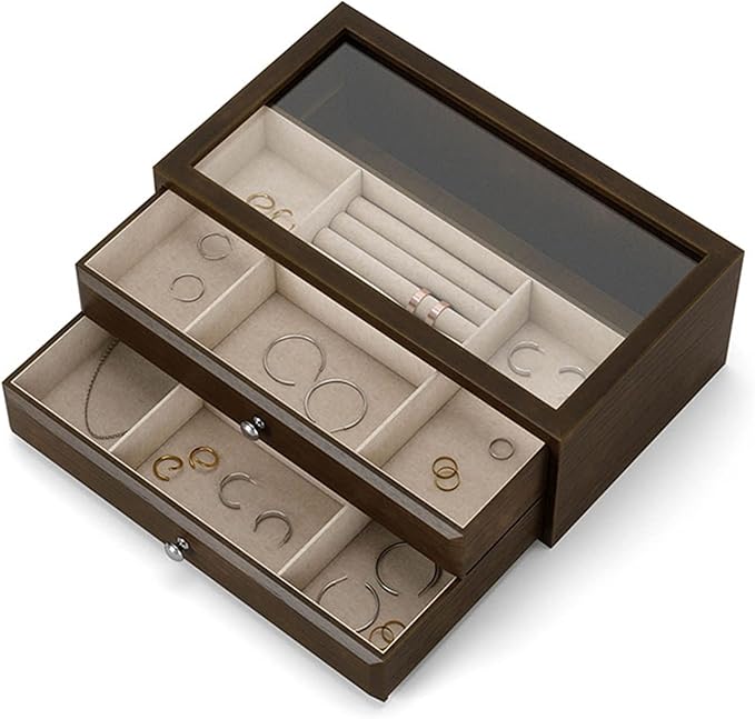Jewelry Storage Box Makeup Organizers Jewelry Boxes Organizer Vintage Jewelry Case with 2 Drawers and Transparent Glass Lid