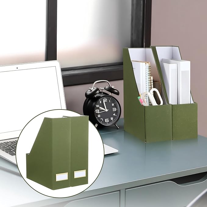 Gueevin Set of 6 Magazine File Holder Stylish Sturdy Cardboard File Boxes Desk Magazine Organizer Rack with Gold Label Holder to Organize Your Desk or Shelves for Home Classroom Office Library(Green)