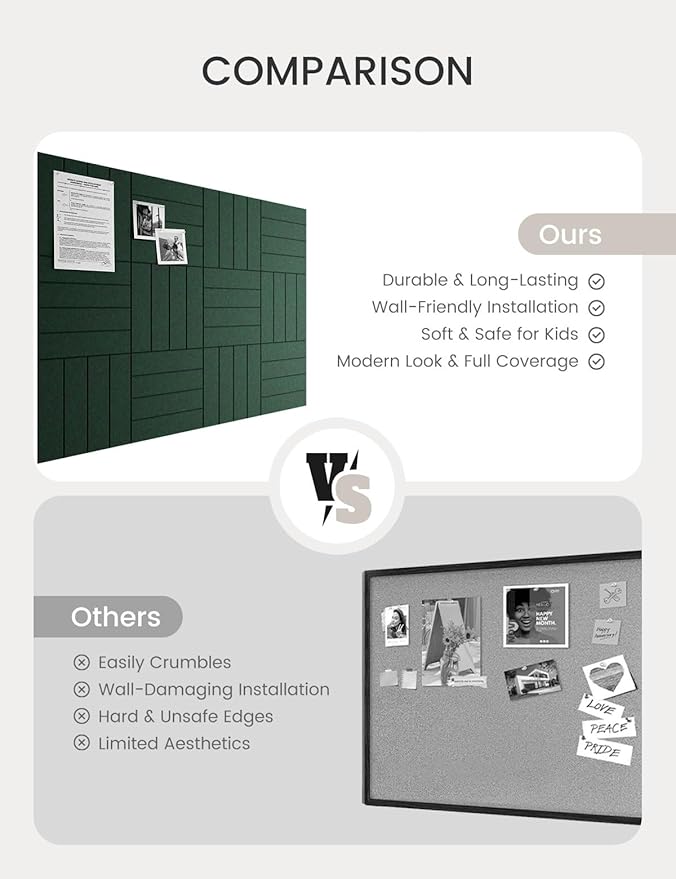 Bumusty Large Cork Board Alternative-48 x 36" Felt Bulletin Board Tiles, with 30 Pushpins, 70 Adhesive Tabs, Bold-Stripe 12-Pack, Cork Boards for Office Push Pin Board Felt Board-Pine Green