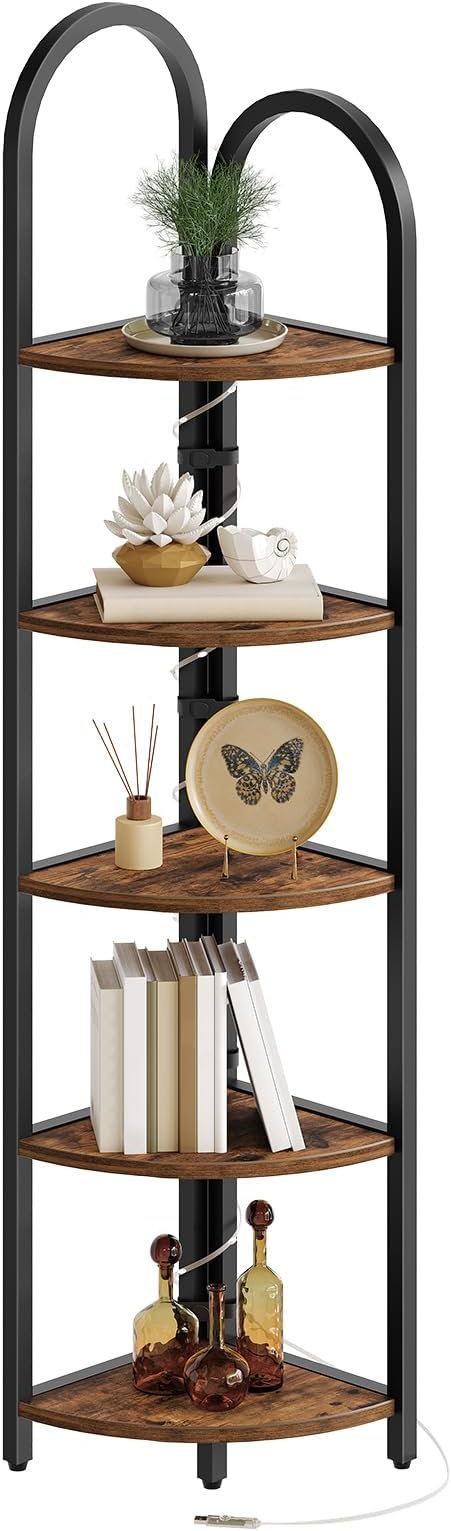 MAHANCRIS 5-Tier Corner Shelf with LED Light, 64.6'' Arched Corner Bookshelf, Narrow Storage Shelf with Metal Frame, for Living Room, Bedroom, Small Spaces, Rustic Brown and Black CSHR55101