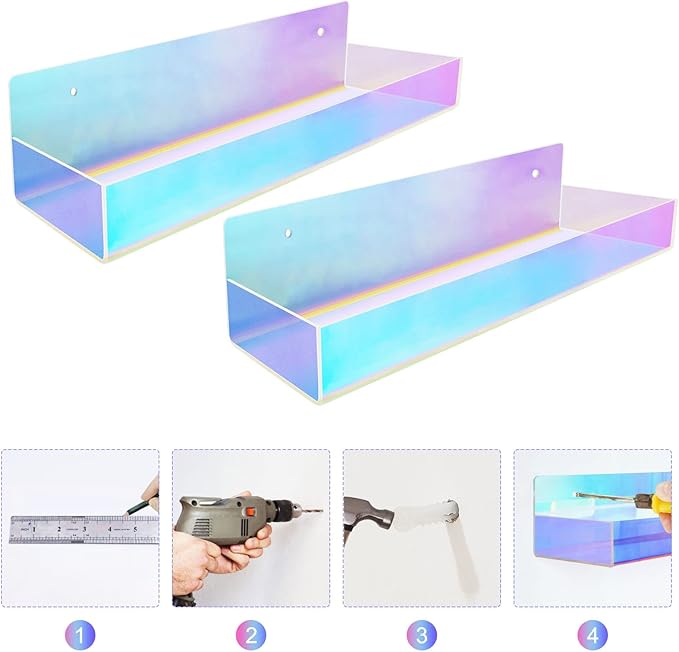 TLBTEK 2 Pcs 15 inch Iridescent Rainbow Floating Shelves,Colorful Acrylic Irridescent Floating Shelves Wall Mounted Storage for Bathroom, Bedroom, Living Room, Kitchen (Without Edge)