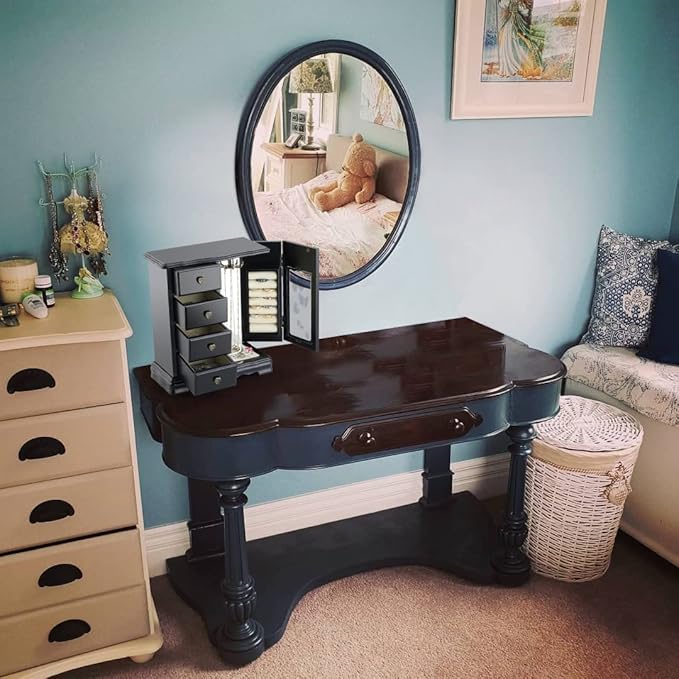 RR ROUND RICH DESIGN Solid Wooden Jewelry Box Makeup and Organizer Women Ring Storage with 4-Drawers Built-in Necklace Carousel and Mirror Black