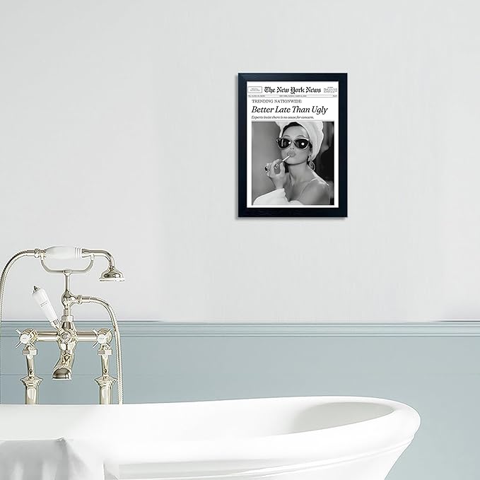Trends Wall Art New York Poster Audrey Hepburn Wall Art Newspaper Better Late Than Ugly Poster Framed Black and White Retro Aesthetic Canvas Prints Feminist Girl Dorm Room Decor