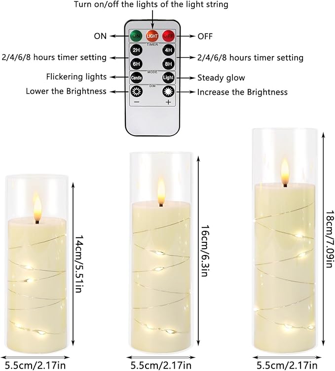 24 Pcs LED Flameless Candles with Remote, 3D Flickering Flame & LED String Lights, Acrylic Clear Cylinder, Timer Function, Romantic Ambience for Home Decor, Party, Wedding (Ivory).