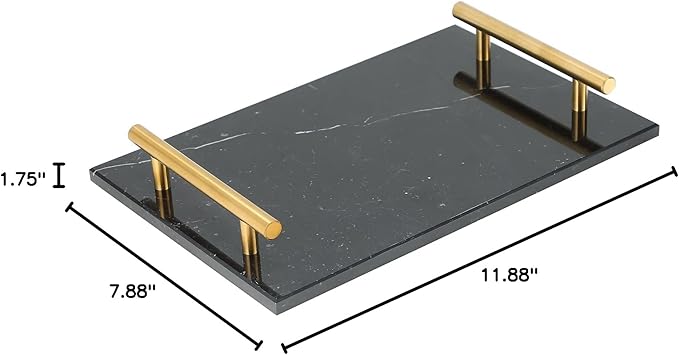 MAOPINER Marble Stone Decorative Perfume Tray with Copper Color Metal Handles, Handmade Jewellery Catchall Trinket Tray for Counter, Vanity, Dresser, Nightstand and Desk (Black)
