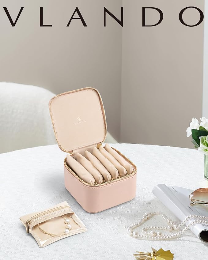 Vlando Jewelry Travel Case,Travel Jewelry Organizer with Clear Velvet Jewelry Bags 6Pcs Zipper Pouch for Women Gift Ideas for Birthday Wedding Graduation-Khaki