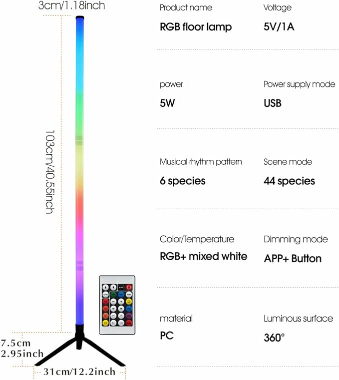 RGB LED Corner Floor Lamp,DIY Floor Lamp with Music Sync and 16 Million Colors, 15 Dynamic Modes, App & Remote Control,Standingl Corner Changing Ambience Light, for Living Bedroom Room Gaming Room