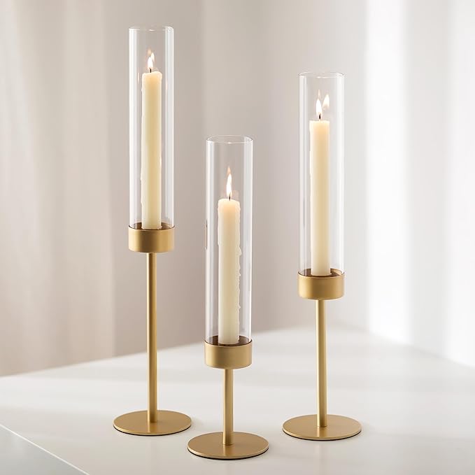 Glass Hurricane Candlestick Holders Gold - Romadedi 18 PCS Taper Candle Holder Bulk Tall Clear Glass Cylinder Table Centerpiece Wedding Decor Party Birthday Christmas Home Decorations