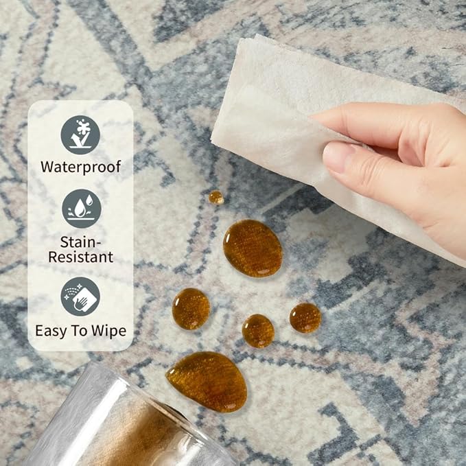 Rugxara 2'6''x8' Runner Rug, Washable Kitchen Rugs, Blue Boho Vintage Floral Hallway Runner, Non Slip Low Pile Area Rug Carpet for Hallway, Kitchen, Laundry Room and Bathroom(Blue 2.6x8ft)