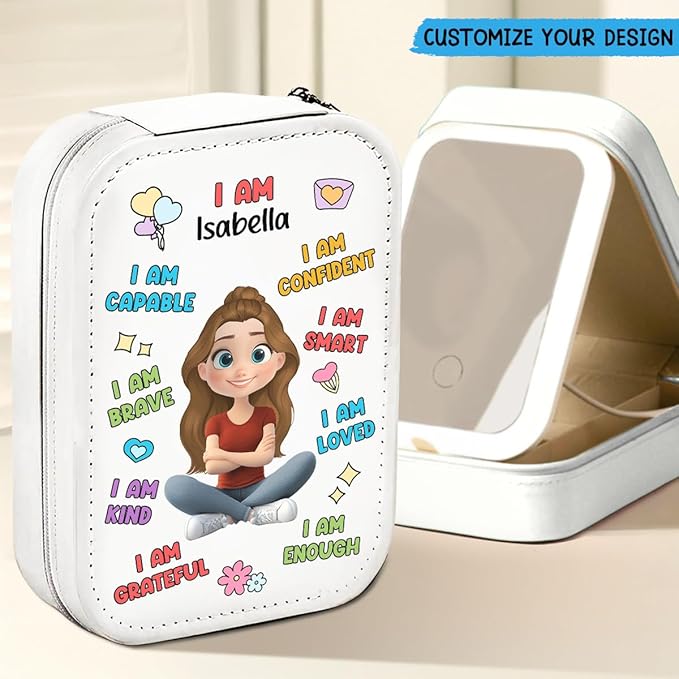Wrappiness Women & Girls Floral Makeup Box With LED Mirror - Personalized Birthmonth Flower Travel Jewelry Organizer Gift for Daughters Sisters on Birthday Christmas (I Am Smart, Teen Girls)