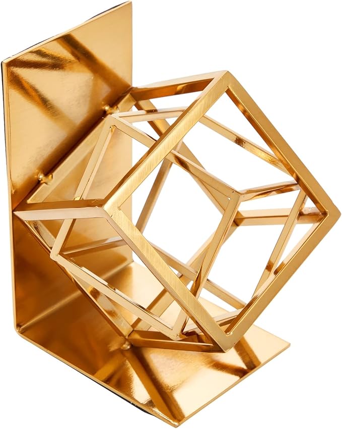 Juvale Gold Bookends - Heavy-Duty Metal Book Ends for Bookshelf Decor - Geometric Square Style for Decorative Books Display for Coffee Table & End Table Decor - 5 x 6 x 3 in, Pack of 2