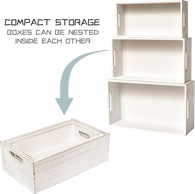 Set of 3 White Wooden Boxes for Storage Small Crates for Display and Organizing, Farmhouse Style Storage Boxes for Crafts, Decor, Home Pantry and Living Room