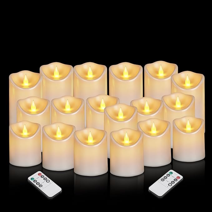 Flameless Candles 4" 5" 6" Outdoor Indoor Pillars Battery Operated Flickering Candles Include 10-Key Remote Timer 400+ Hours by 2 AA Batteries (White Candle - Warm light, 3"D x 4"|5"|6" H - 18 Pack)