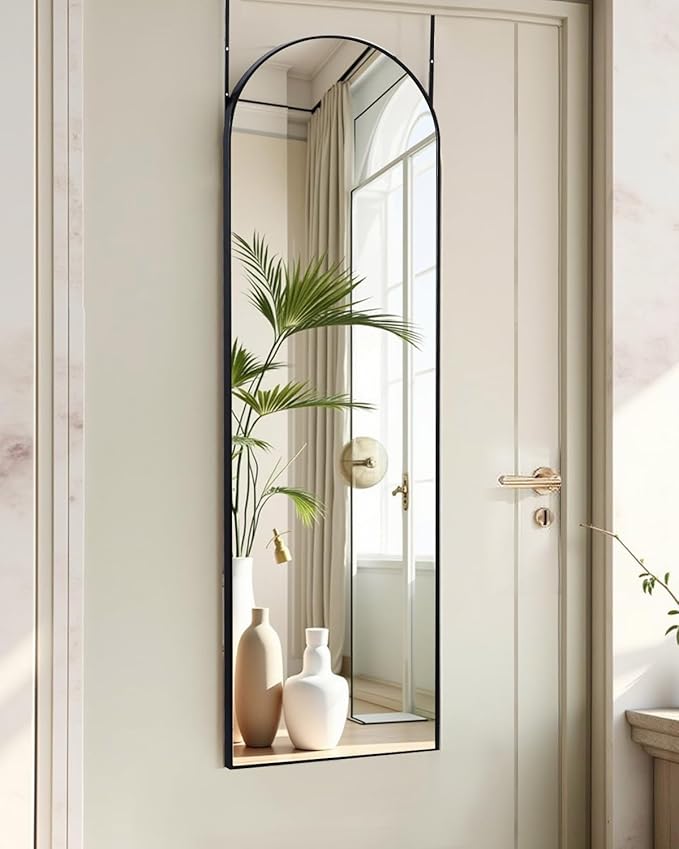 DMWOODFL Over The Door Full Length Arched Mirror - 14"x48", Tempered Glass & Aluminum Frame, No Drill Installation for Bedroom, Bathroom, Closet, Entryway (Black)