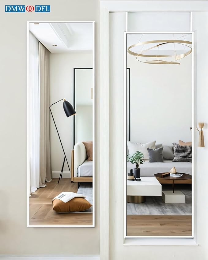 DMWOODFL 48"x14" Over-The-Door Full Length Mirror - No Drill Hanging with Metal Hooks, Shatterproof Glass & Aluminum Frame for Bathroom, Bedroom, Entryway Decor(Silver White)