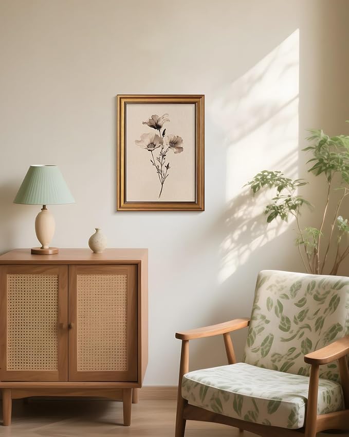 Bzstyleart Vintage Wall Art Decor for Living Room, Canvas Framed Flower Wall Art, Sketch Poppy Flower Picture Painting, Vintage Room Decor Aesthetic for Bedroom Kitchen, California, 12L x 16W
