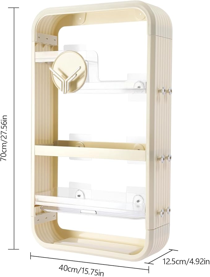 Wall Storage Rack with Open Storage, Floating Cosmetics Rack with Large Capacity Wall Mounted Storage Shelf with Tissue Hole 4 Tiers Makeup Organizer with Hooks Beige for Bathroom