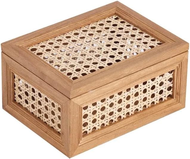 Natural Rattan & Wood Oblong Desktop Decorative Storage Box (Home Decor Series)