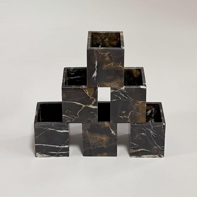 Natural Marble Stone Square Storage Container Empty Vessel Holder Cup for Candle/Pens/Sundries items (Black Brown)