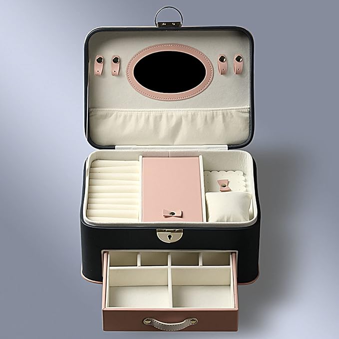 Jewelry storage box Makeup Organizers Jewelry Box,Jewelry Box for Women Leather Jewelry Organizer Two Layers with Lock Display for Earrings Bracelets Rings Watches Jewelry Case (B)