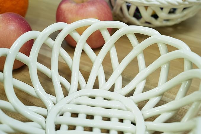 Modern Fruit Basket Storage for Kitchen Countertop Handmade White Ceramic Decorative Bowl Holder for Bread Snack Veggies Home Kitchen Décor,Stylish Key Bowl for Entry Table (W, M)