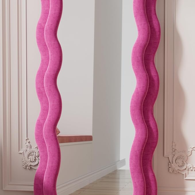 Dewfig Full Length Mirror, 63" x 24" Irregular Wavy Mirror, Large Floor Length Mirrors Wall Mounted, Standing Wavy Mirrors with Flannel Wrapped Wooden Frame for Bedroom/Living Room, Hot Pink