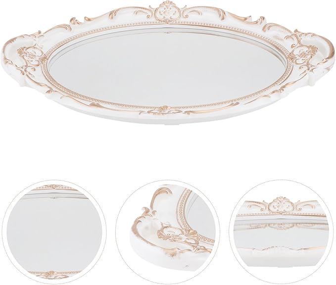 SEWACC Vintage Oval Mirror Tray Decorative Makeup Organizer Dresser Display Tray White Glass Surface for Vanity Table and Jewelry Storage