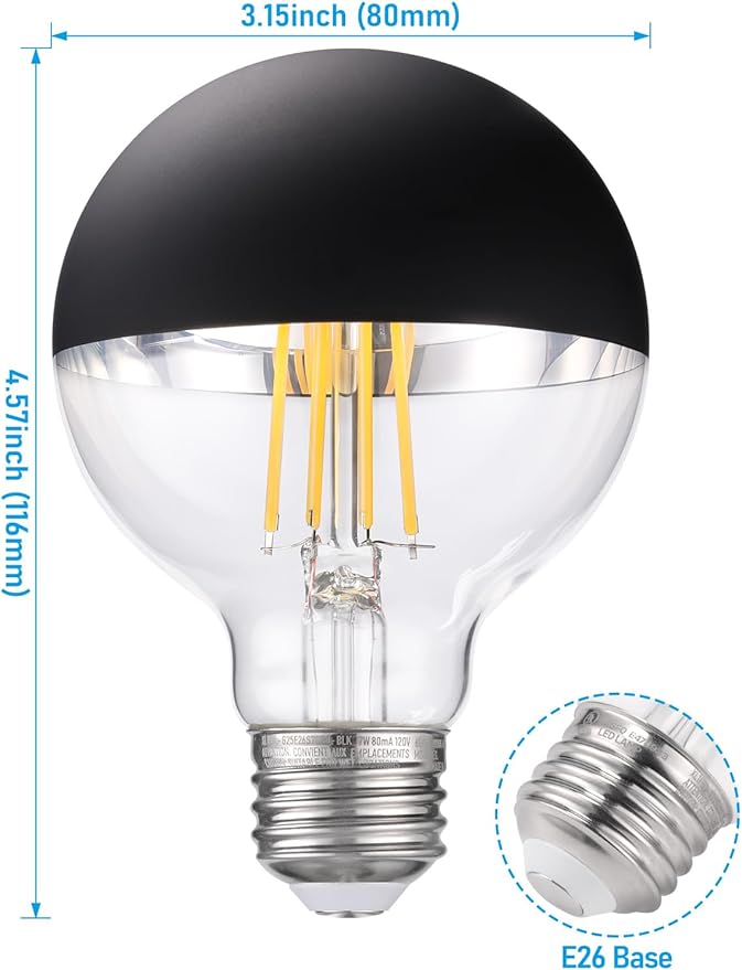 TORCHSTAR Dimmable Half Chrome Light Bulb, 7W (75W Eqv.), Anti Glare LED Light Bulbs, UL Listed, E26 Black Dipped Bulb, G25 Globe Light Bulbs for Bathroom, Vanity, Mirror, 3000K Warm White, Pack of 3