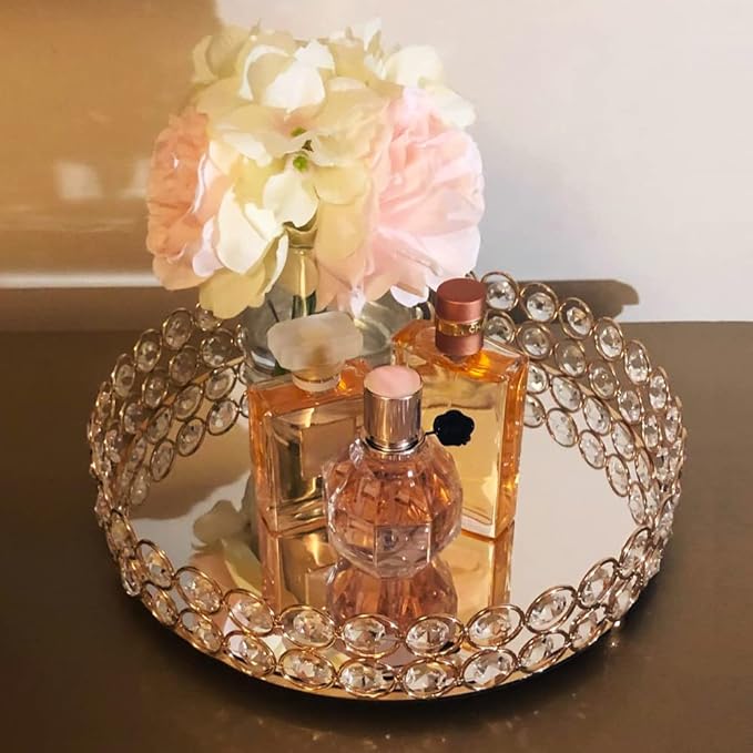Crystal Vanity Tray Decorative Mirrored Dresser Perfume Trays for Makeup Cosmetic Storage Jewelry Trinket Storage Organizer for Bathroom Countertop Home Décor (Oval, 14x10in, Gold)