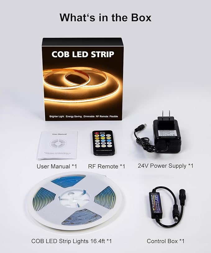 COB LED Strip Lights, 16.4Ft Dimmable White(2700K-6500K) LED Lights for Bedroom with RF Remote, 24V Ultra Bright 2800 LEDs High Density Under Cabinet Lighting for DIY TV LED Backlight Mirror Kitchen