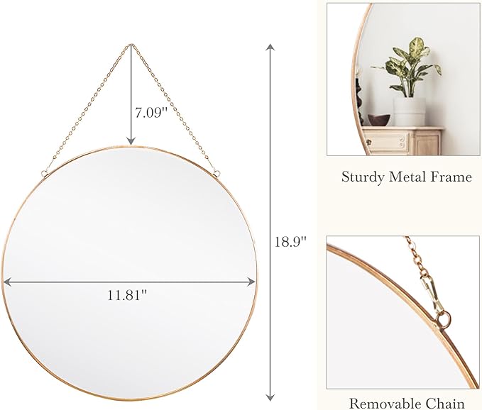 Dahey 11.8-inch Small Hanging Circle Mirror Wall Decor Gold Round Mirror with Hanging Chain for Bathroom Bedroom Living Room Dorm College Office, Gold