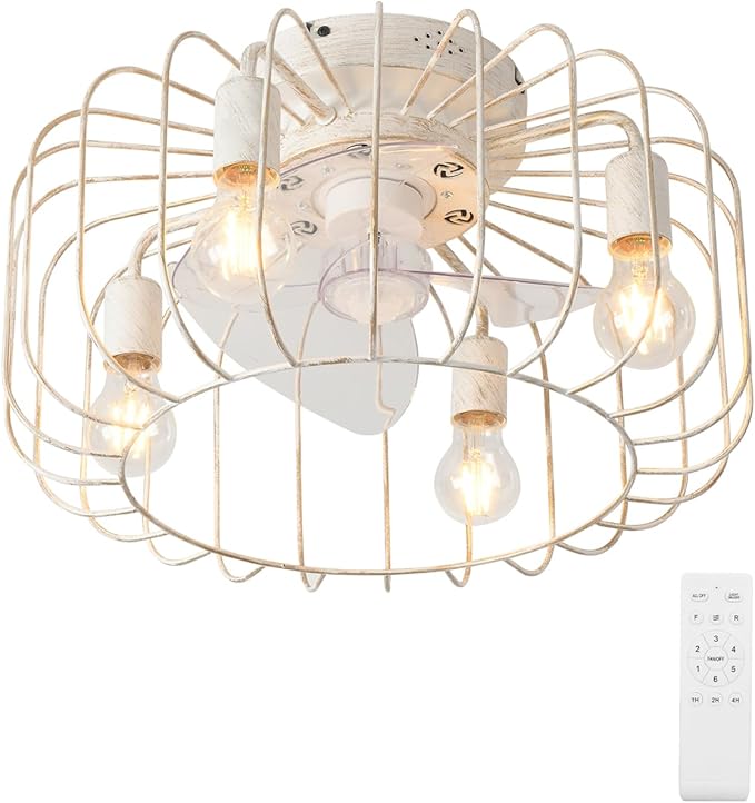 18inch White Gold Caged Ceiling Fan Light,Flush Mount Chandelier Industrial Ceiling Fan,Farmhouse Fan Lights Ceiling Fixtures for Kitchen,Bedroom,Outdoor(6 Speed,Timing with Remote)