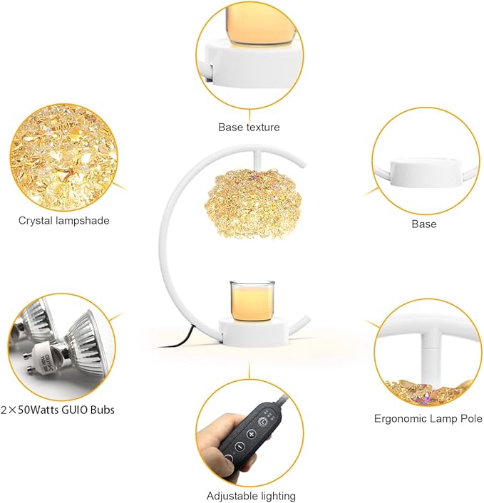 Yeuslor White Candle Warmer Lamp for Jar Candles with Adjustable Brightness&Timer,Handcrafted Crystal&Wooden Base,Candle Lamp Luxurious Design+2Bulbs,Home Decoration Electric Candle lamp(C-Shaped)