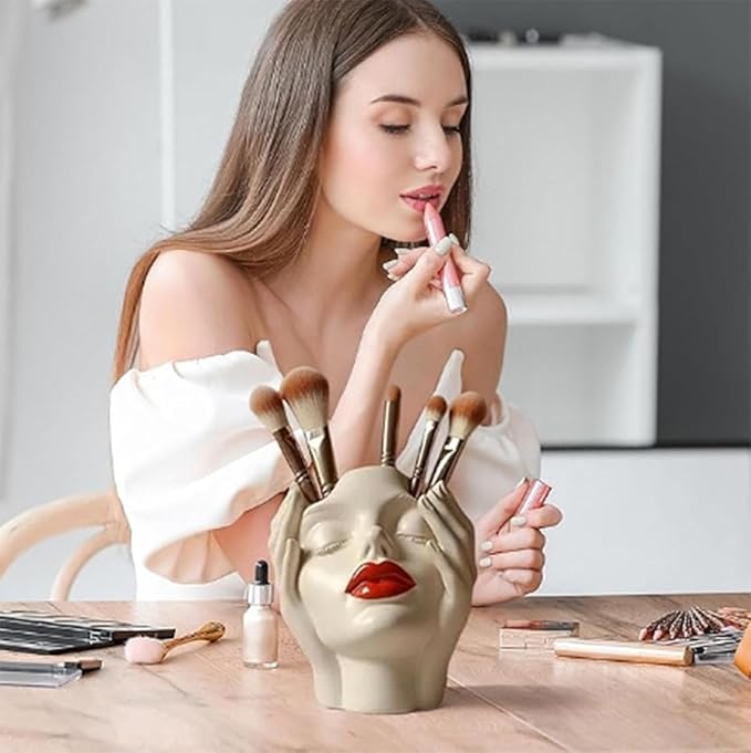 Women's Head Shape Boho Feminist Decoration Body Vase Head Vase Vintage Makeup Brush Holder Boho Makeup Organizer Rotating Makeup Organizer Idealized for Home Decor (B)