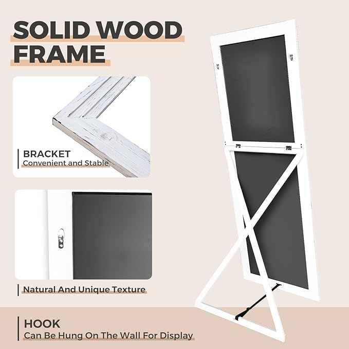 65"x22" Full Length Mirror Solid Wood Frame Floor Mirror with Stand for Living Room, Bedroom Hanging Standing or Leaning, White